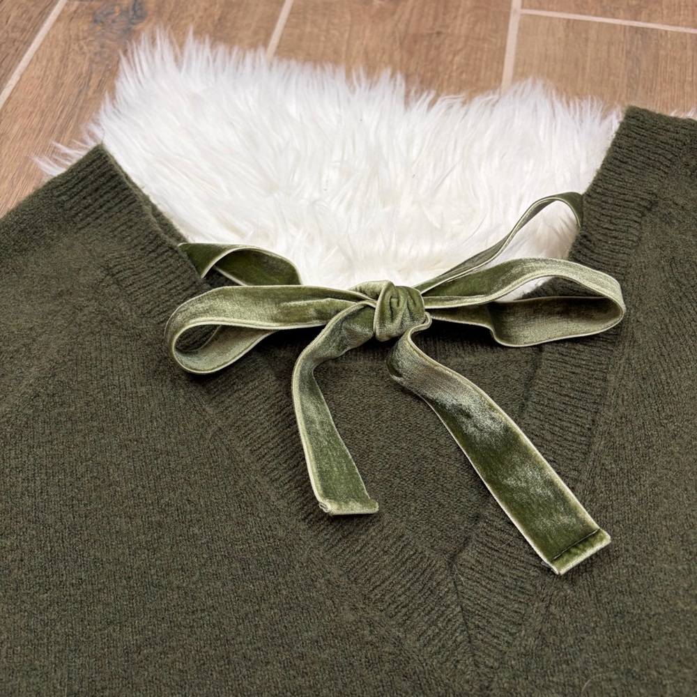 J.Crew Olive Green V-Back Sweater with Velvet Tie - Picture 7 of 11